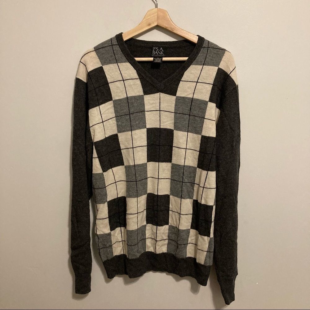Jos A Bank Plaid Checkered Print White Gray Wool Blend Sweater Size Large